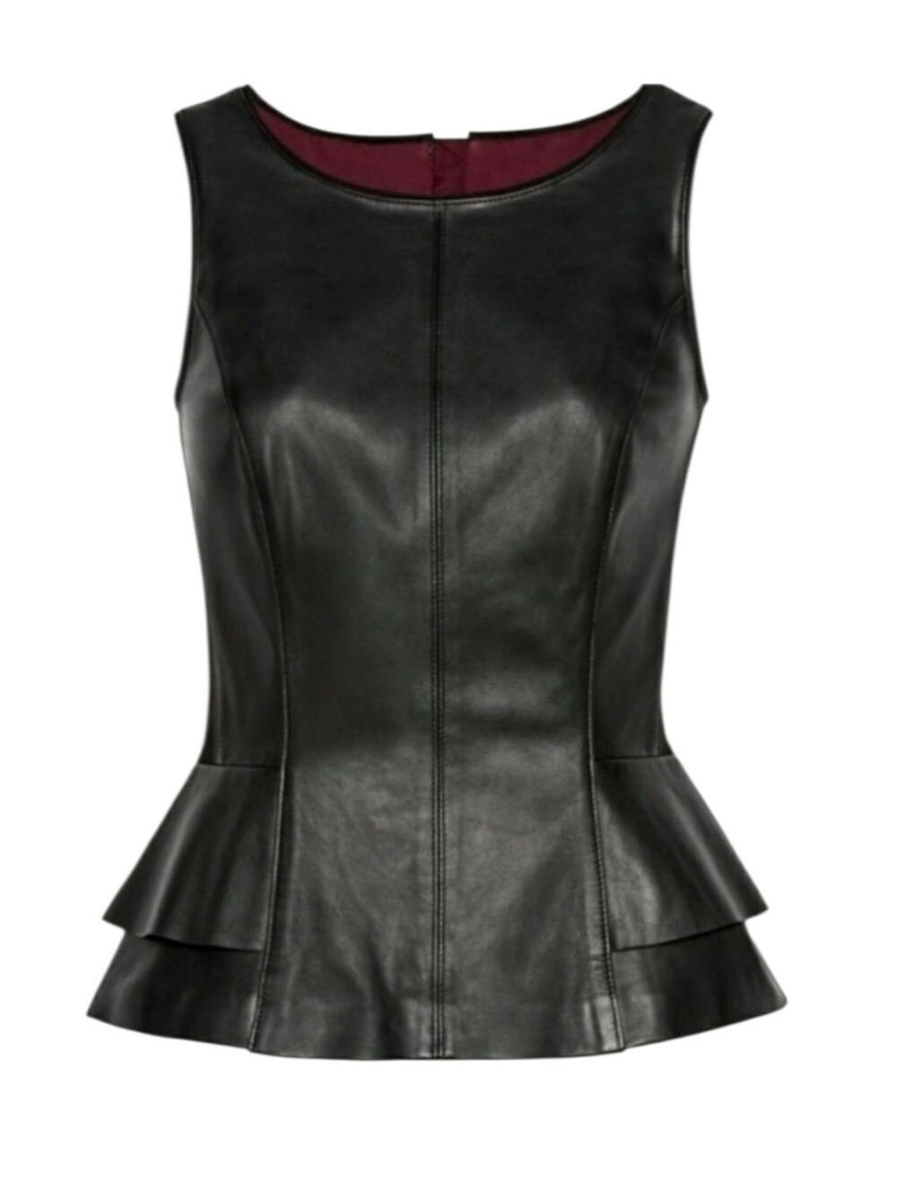 WHBM Black Genuine Leather Peplum Sleeveless Fitted Top